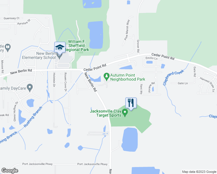 map of restaurants, bars, coffee shops, grocery stores, and more near 12233 Whistling Court in Jacksonville