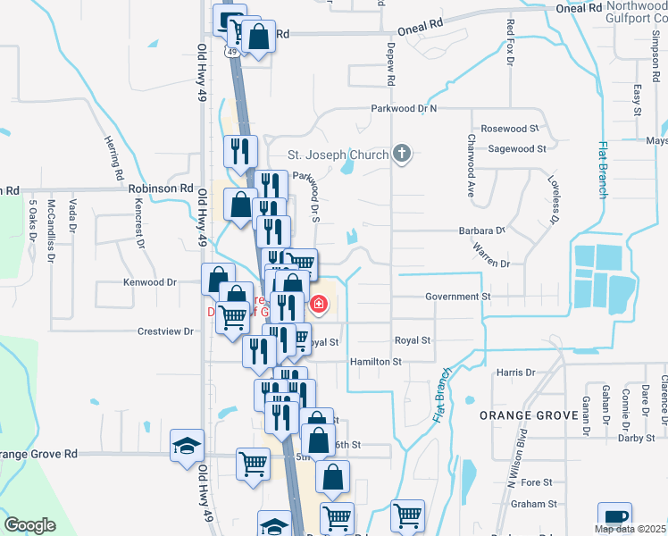 map of restaurants, bars, coffee shops, grocery stores, and more near 15732 Parkwood Drive South in Gulfport