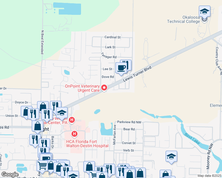 map of restaurants, bars, coffee shops, grocery stores, and more near 1775 Lewis Turner Boulevard in Fort Walton Beach
