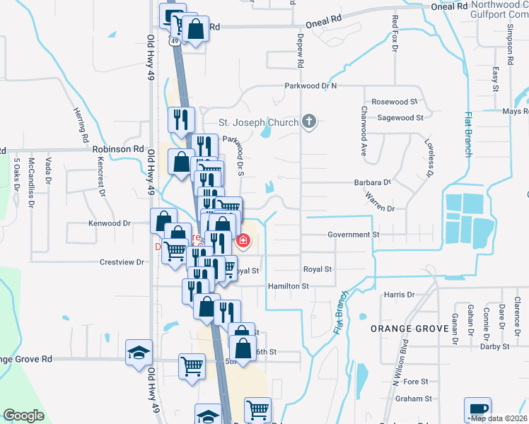 map of restaurants, bars, coffee shops, grocery stores, and more near 15324 Northwood Drive in Gulfport