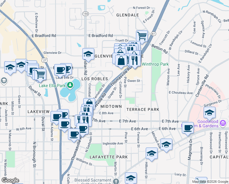 map of restaurants, bars, coffee shops, grocery stores, and more near 1531 Grape Street in Tallahassee
