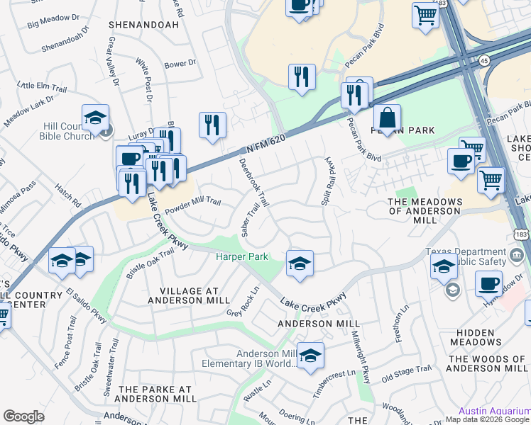 map of restaurants, bars, coffee shops, grocery stores, and more near 12310 Rustic Manor Court in Austin