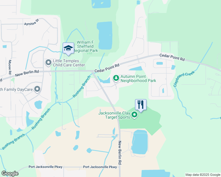map of restaurants, bars, coffee shops, grocery stores, and more near 3804 Ringneck Drive in Jacksonville