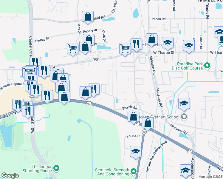 map of restaurants, bars, coffee shops, grocery stores, and more near 1936 Bloomington Avenue in Tallahassee