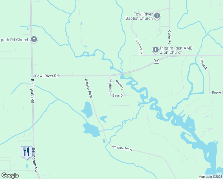 map of restaurants, bars, coffee shops, grocery stores, and more near 11025-11029 Dolphin Drive in Theodore