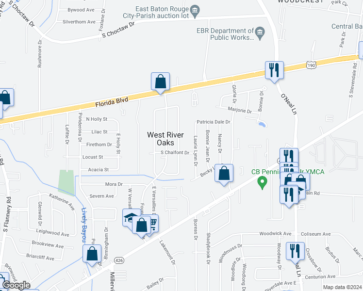 map of restaurants, bars, coffee shops, grocery stores, and more near 451 East Bolivar Drive in Baton Rouge