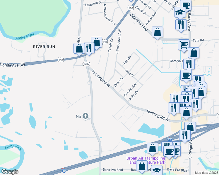map of restaurants, bars, coffee shops, grocery stores, and more near 836 Rushing Road West in Denham Springs