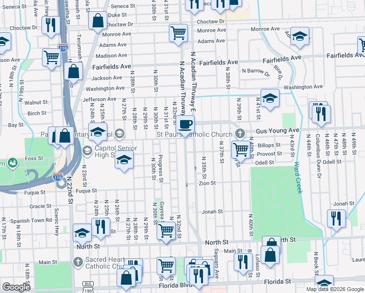 map of restaurants, bars, coffee shops, grocery stores, and more near 1320 North 32nd Street in Baton Rouge