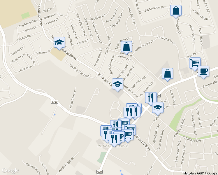 map of restaurants, bars, coffee shops, grocery stores, and more near 3307 El Salido Parkway in Cedar Park