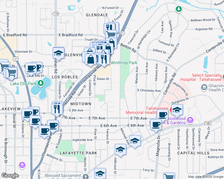 map of restaurants, bars, coffee shops, grocery stores, and more near 1502 Mitchell Avenue in Tallahassee