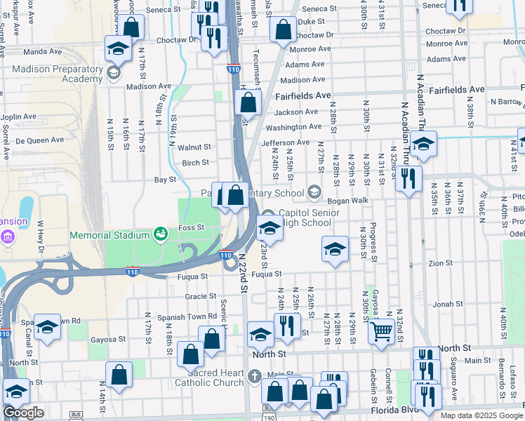 map of restaurants, bars, coffee shops, grocery stores, and more near 1358 North 23rd Street in Baton Rouge