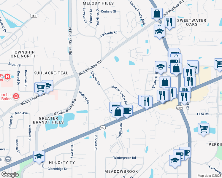 map of restaurants, bars, coffee shops, grocery stores, and more near 1714 Mahan Center Boulevard in Tallahassee