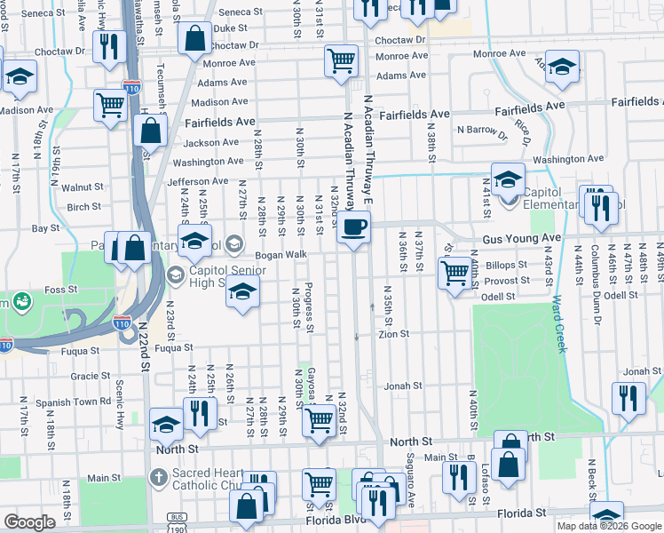 map of restaurants, bars, coffee shops, grocery stores, and more near 1320 North 32nd Street in Baton Rouge