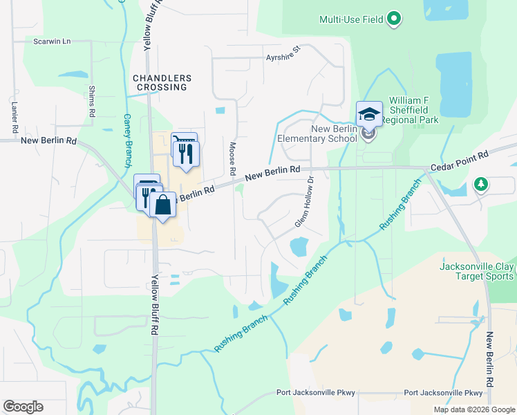 map of restaurants, bars, coffee shops, grocery stores, and more near 12405 Hickory Forest Road in Jacksonville