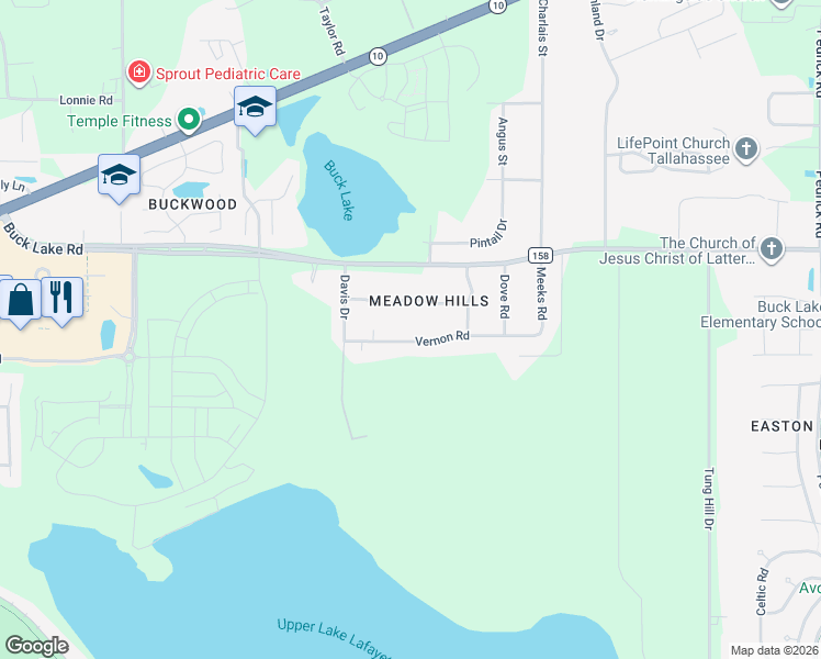 map of restaurants, bars, coffee shops, grocery stores, and more near 4912 Vernon Road in Tallahassee