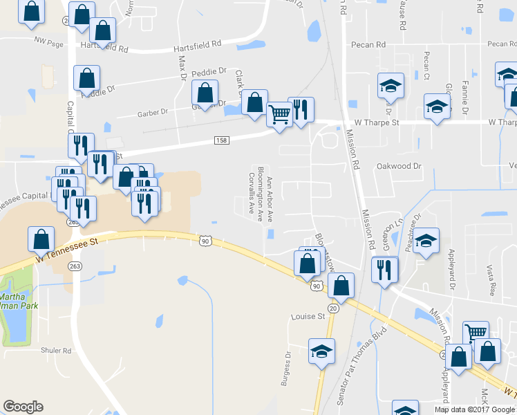 map of restaurants, bars, coffee shops, grocery stores, and more near 1929 Bloomington Avenue in Tallahassee