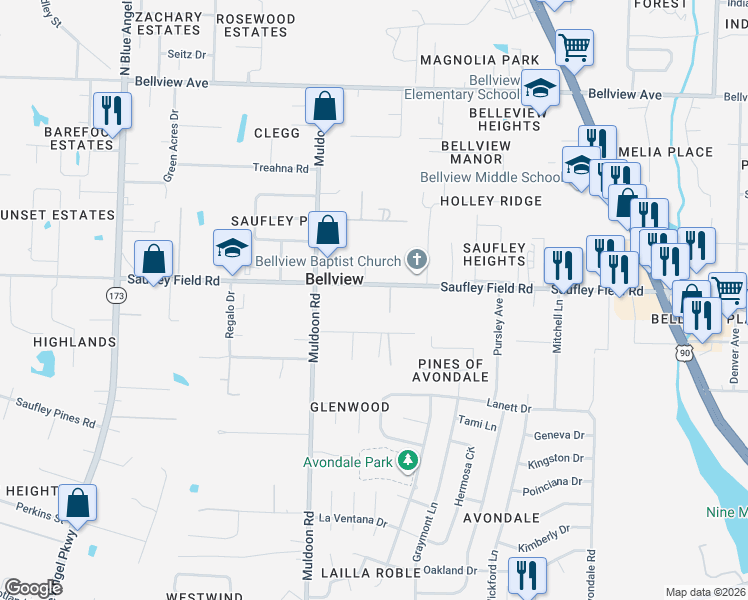map of restaurants, bars, coffee shops, grocery stores, and more near 4819 Saufley Field Road in Pensacola