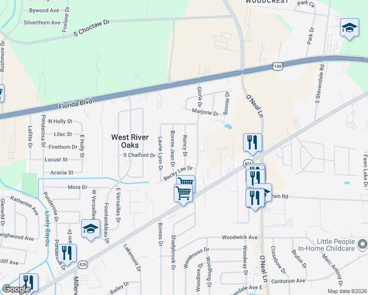map of restaurants, bars, coffee shops, grocery stores, and more near 458 Nancy Drive in Baton Rouge