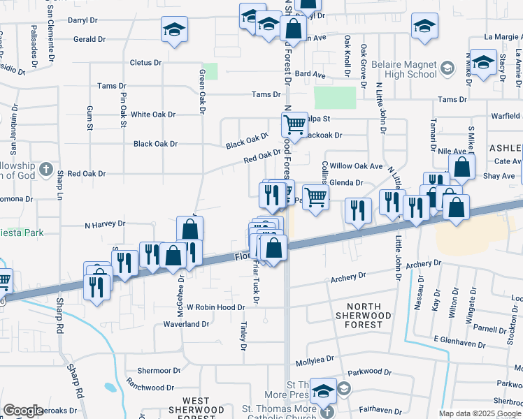 map of restaurants, bars, coffee shops, grocery stores, and more near 1295 North Sherwood Forest Drive in Baton Rouge