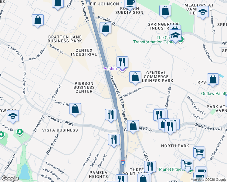 map of restaurants, bars, coffee shops, grocery stores, and more near 16050 Interstate 35 in Pflugerville