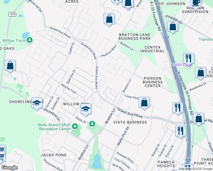 map of restaurants, bars, coffee shops, grocery stores, and more near 15800 Crissom Lane in Austin