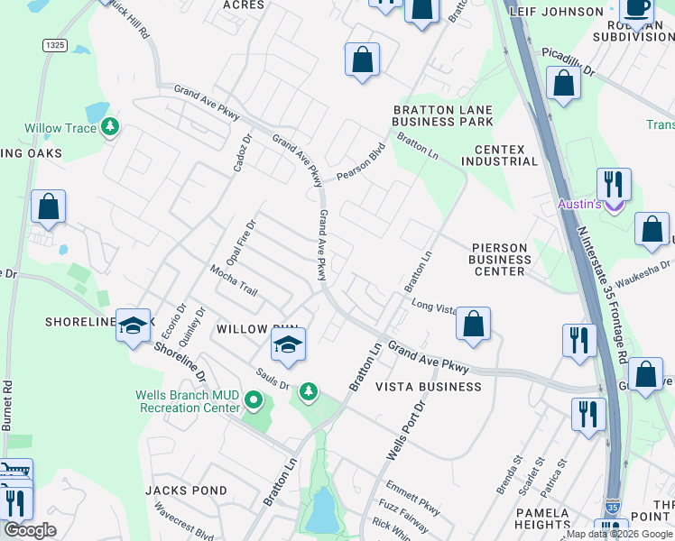 map of restaurants, bars, coffee shops, grocery stores, and more near 15708 Crissom Lane in Austin