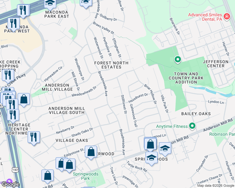 map of restaurants, bars, coffee shops, grocery stores, and more near 9302 Tottenham Court in Austin