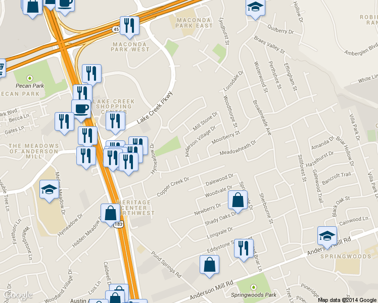 map of restaurants, bars, coffee shops, grocery stores, and more near 9744 Anderson Village Drive in Austin