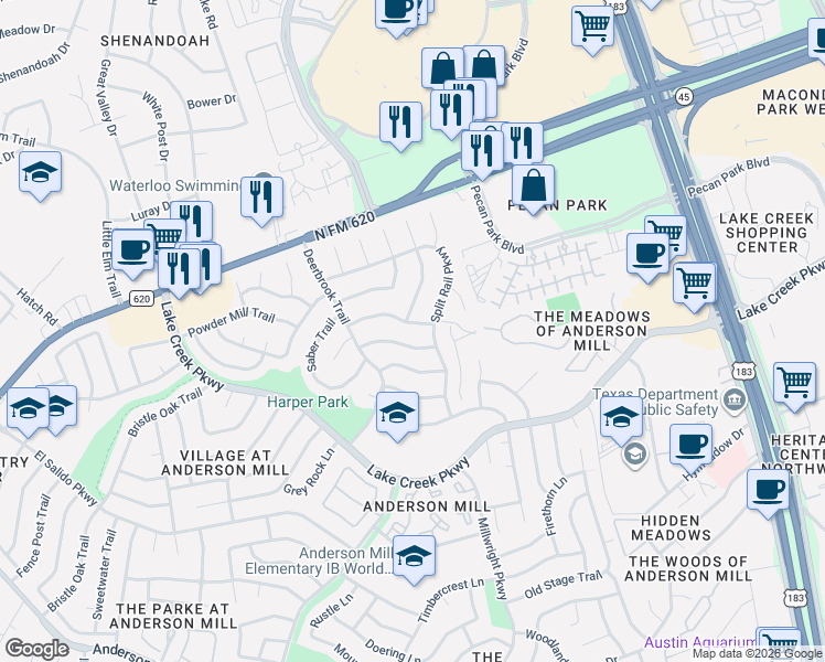 map of restaurants, bars, coffee shops, grocery stores, and more near 10900 Rustic Manor Lane in Austin