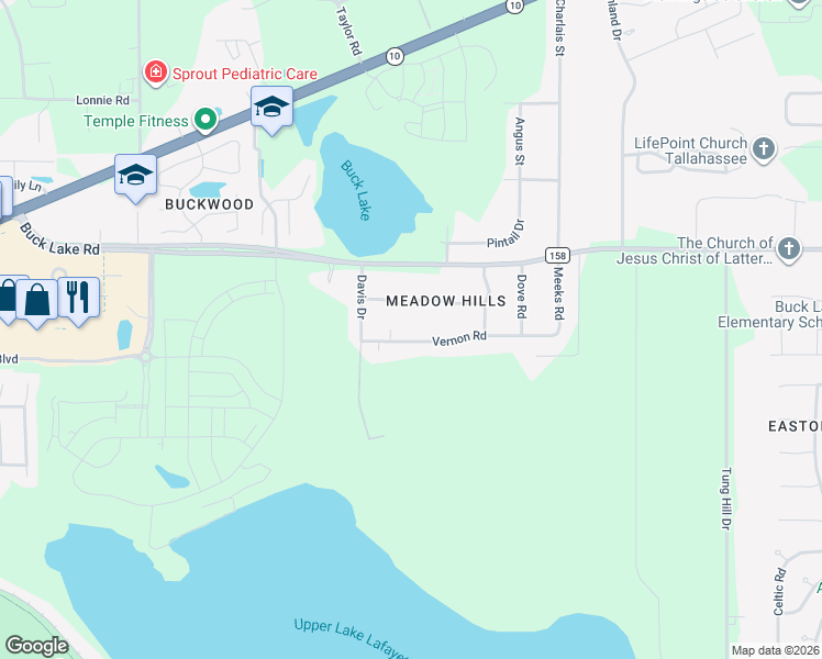 map of restaurants, bars, coffee shops, grocery stores, and more near 4912 Vernon Road in Tallahassee