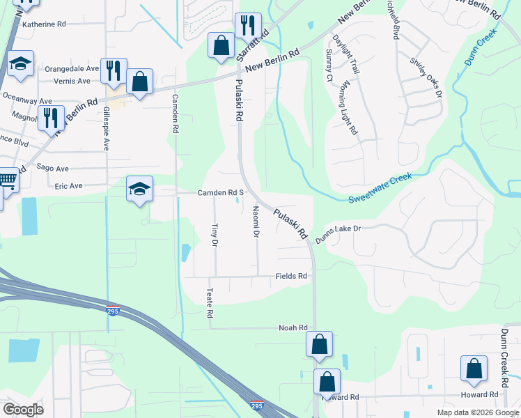 map of restaurants, bars, coffee shops, grocery stores, and more near 12421 Naomi Drive in Jacksonville