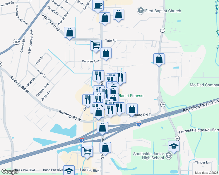 map of restaurants, bars, coffee shops, grocery stores, and more near 115 Aspen Square in Denham Springs