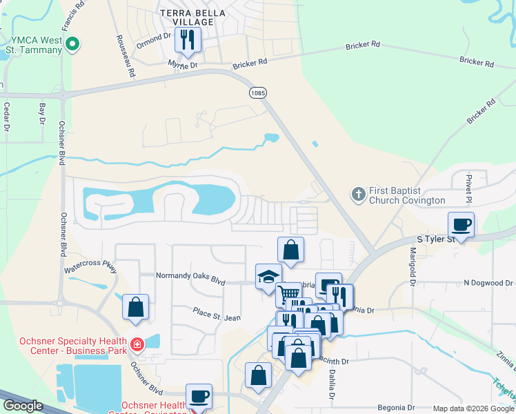 map of restaurants, bars, coffee shops, grocery stores, and more near 512 Rue Jardins in Covington