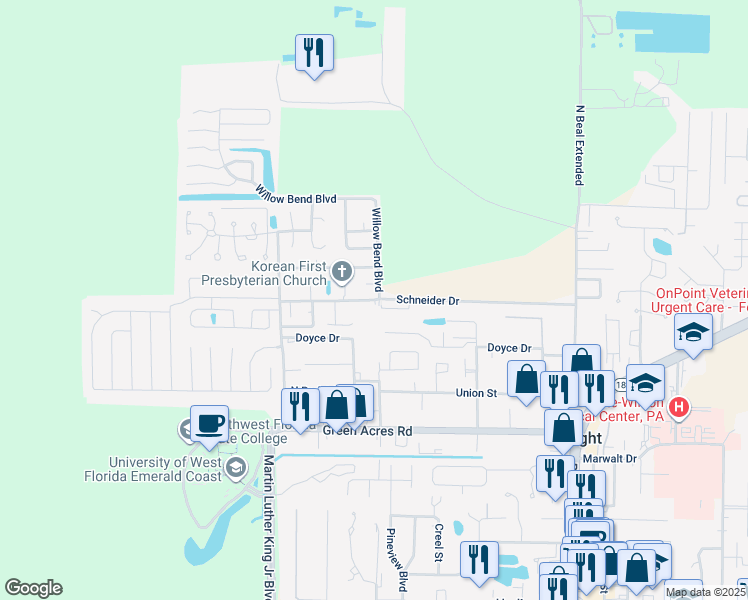 map of restaurants, bars, coffee shops, grocery stores, and more near 502 Schneider Drive in Fort Walton Beach