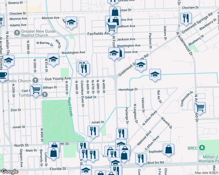 map of restaurants, bars, coffee shops, grocery stores, and more near 1289 North Foster Drive in Baton Rouge