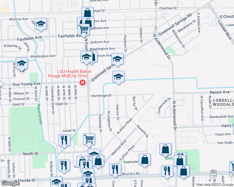 map of restaurants, bars, coffee shops, grocery stores, and more near 1348 Valcour Drive in Baton Rouge