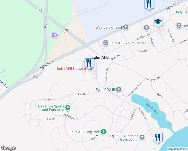 map of restaurants, bars, coffee shops, grocery stores, and more near 307 Boatner Road in Eglin Air Force Base
