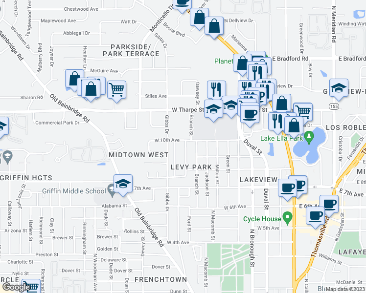 map of restaurants, bars, coffee shops, grocery stores, and more near 1554 Proctor Street in Tallahassee