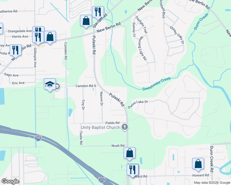 map of restaurants, bars, coffee shops, grocery stores, and more near 12359 Pulaski Road in Jacksonville