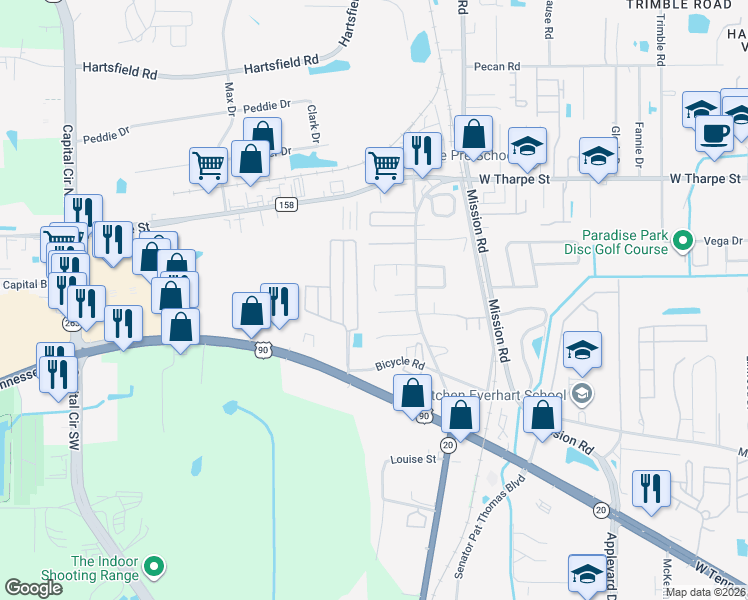 map of restaurants, bars, coffee shops, grocery stores, and more near 3212 Dian Road in Tallahassee