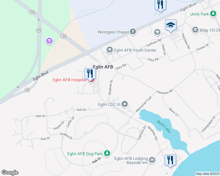 map of restaurants, bars, coffee shops, grocery stores, and more near Boatner Drive in Eglin Air Force Base