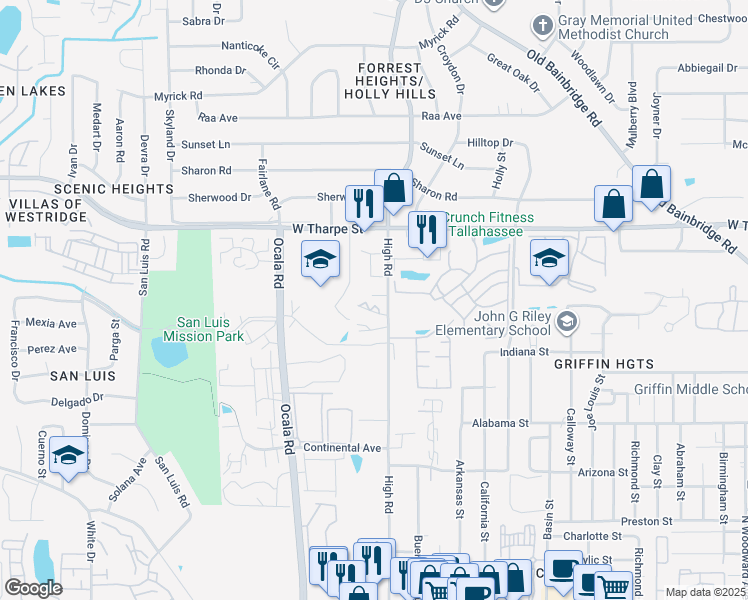 map of restaurants, bars, coffee shops, grocery stores, and more near 1401 High Road in Tallahassee