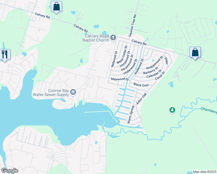 map of restaurants, bars, coffee shops, grocery stores, and more near 12612 Lazy Drive in Willis