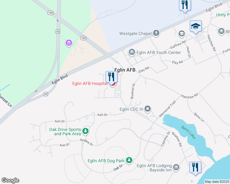 map of restaurants, bars, coffee shops, grocery stores, and more near 307 Boatner Road in Eglin Air Force Base