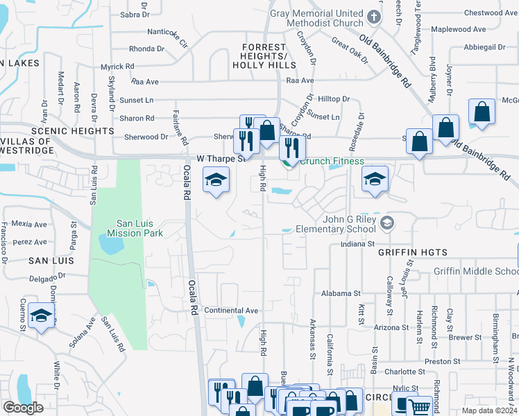 map of restaurants, bars, coffee shops, grocery stores, and more near 1401 High Road in Tallahassee