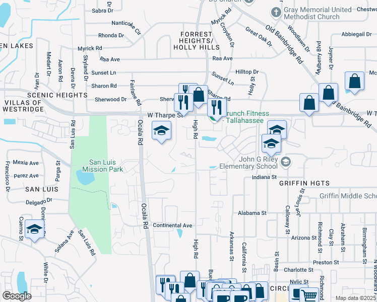 map of restaurants, bars, coffee shops, grocery stores, and more near 1401 High Road in Tallahassee