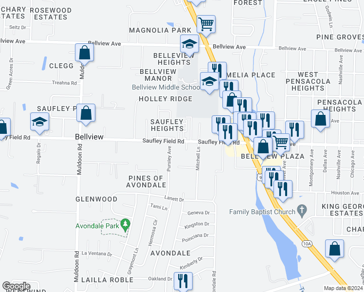 map of restaurants, bars, coffee shops, grocery stores, and more near 5994 Pursley Avenue in Pensacola