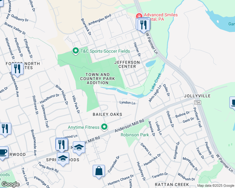 map of restaurants, bars, coffee shops, grocery stores, and more near 13331 Water Oak Lane in Austin