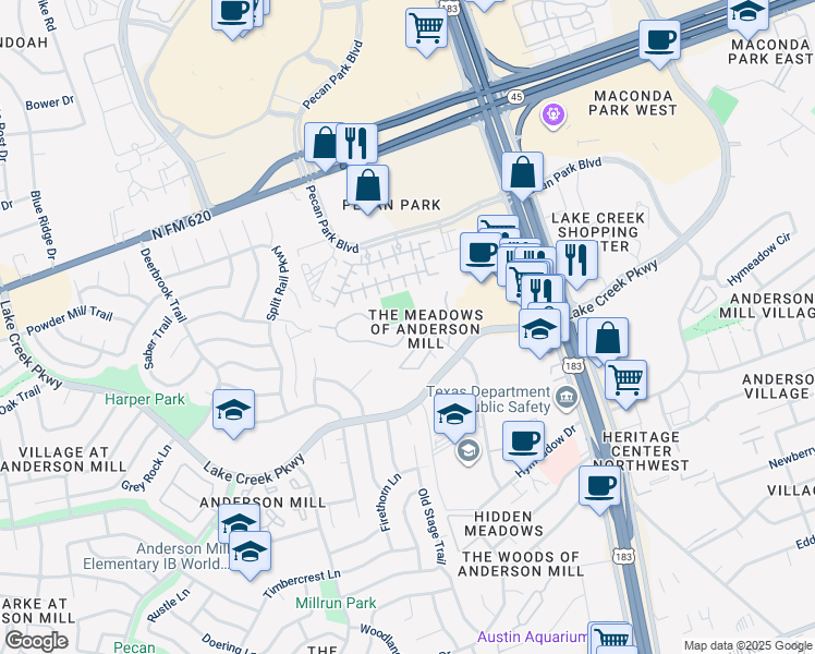 map of restaurants, bars, coffee shops, grocery stores, and more near 7 Mellow Meadow Drive in Austin