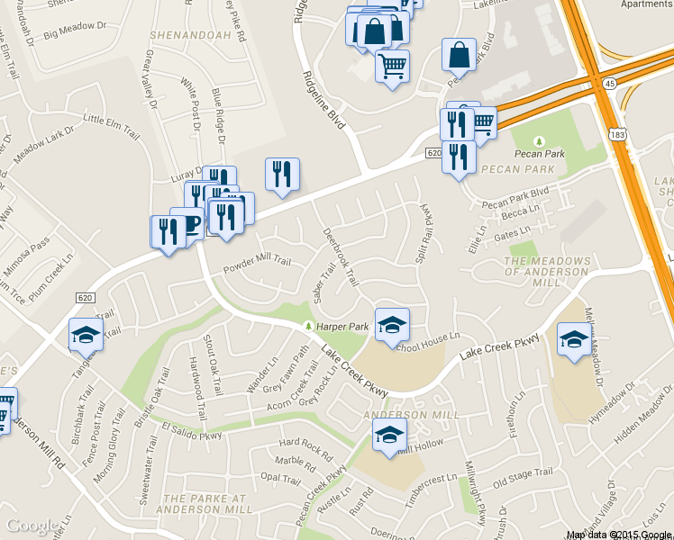 map of restaurants, bars, coffee shops, grocery stores, and more near 12310 Rustic Manor Court in Austin